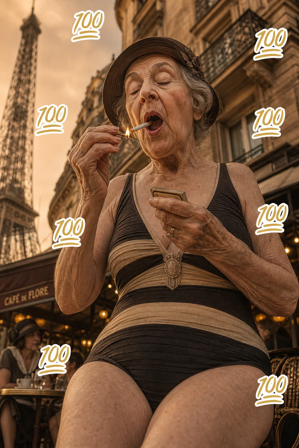 A low-angle portrait of an elderly woman in 1920s Paris yawning while lighting a cigarette, framed by Art Nouveau architecture and a softly blurred café terrace in warm sepia light.