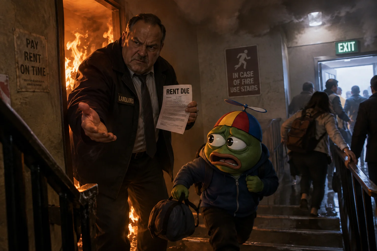 A propeller-hat-wearing peepo evacuates a burning apartment while a landlord demands rent in the smoky stairwell.