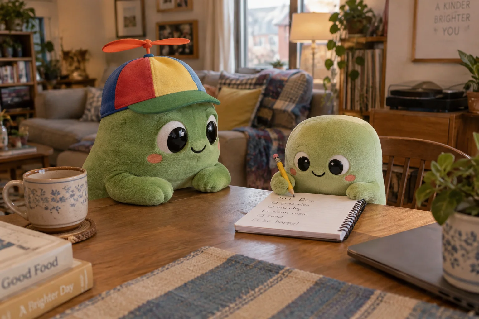 Korlana in a propeller hat sits with segsdoor, who takes notes in a cozy apartment.