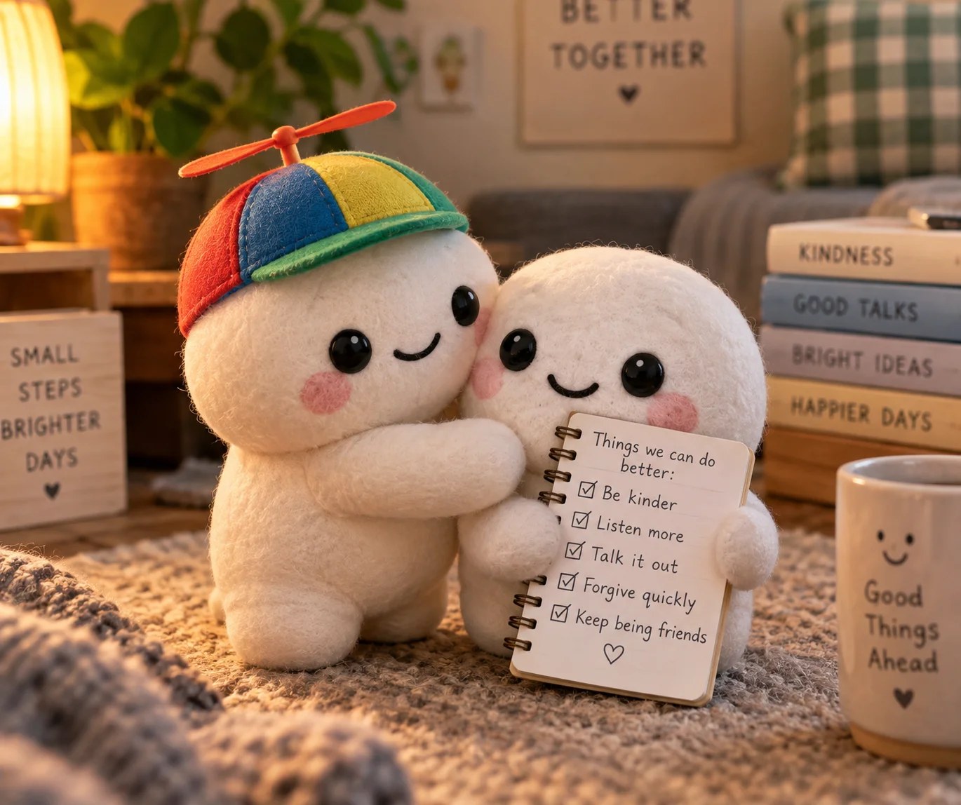 Two tiny peepo characters make up with a gentle hug in a warmly lit room, one still holding a small list.