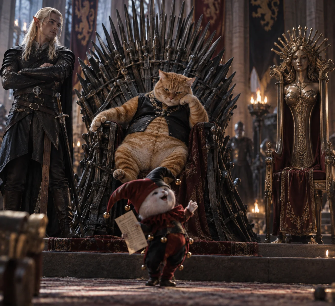 An orange cat king sits on the Iron Throne as a tiny jester performs, with a blonde elf-eared figure and a personified side throne nearby.