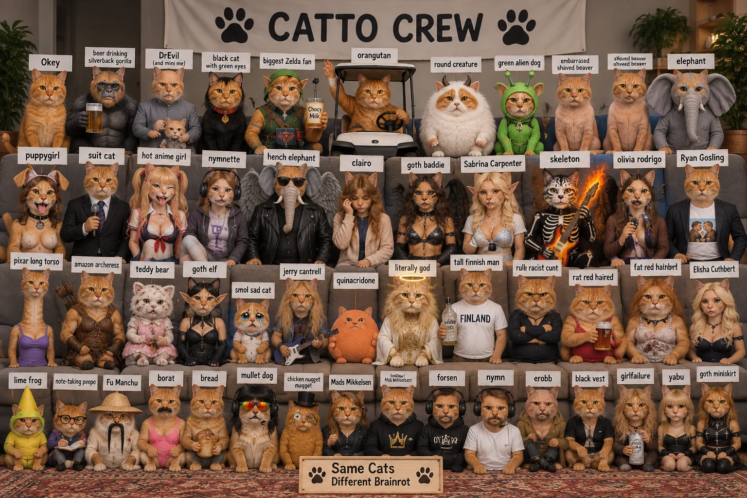 A large crowd of distinctive orange cats poses together in rows, each with a name sign above it.