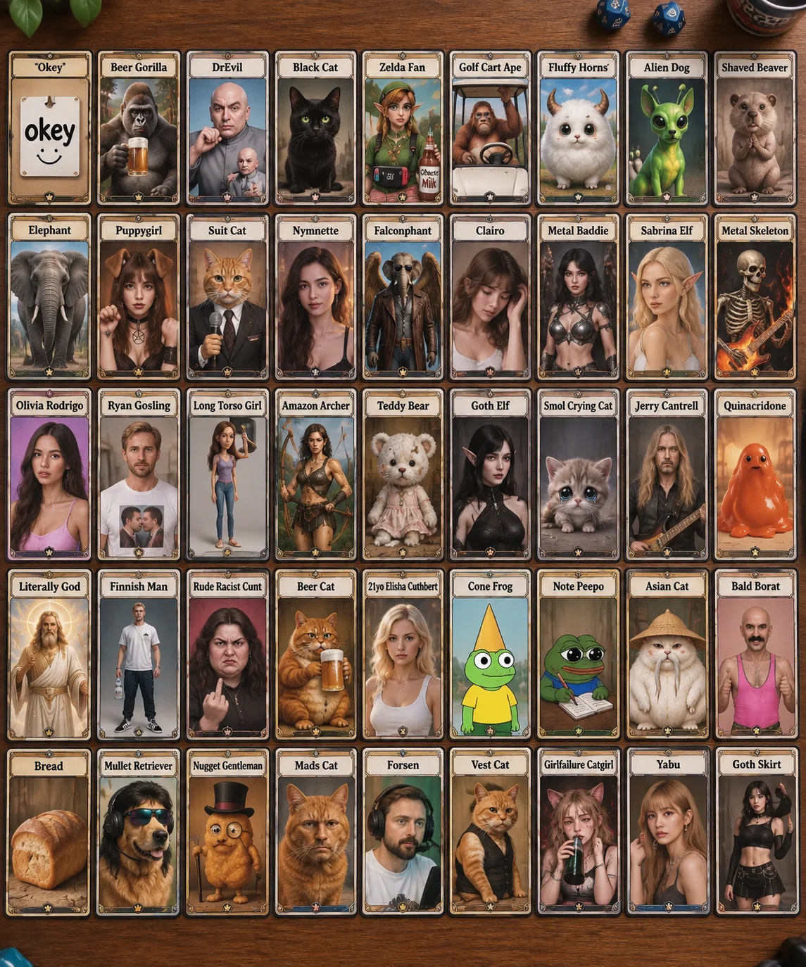 A full grid of collectible character cards, each with a distinct portrait and username label, arranged neatly on a tabletop.