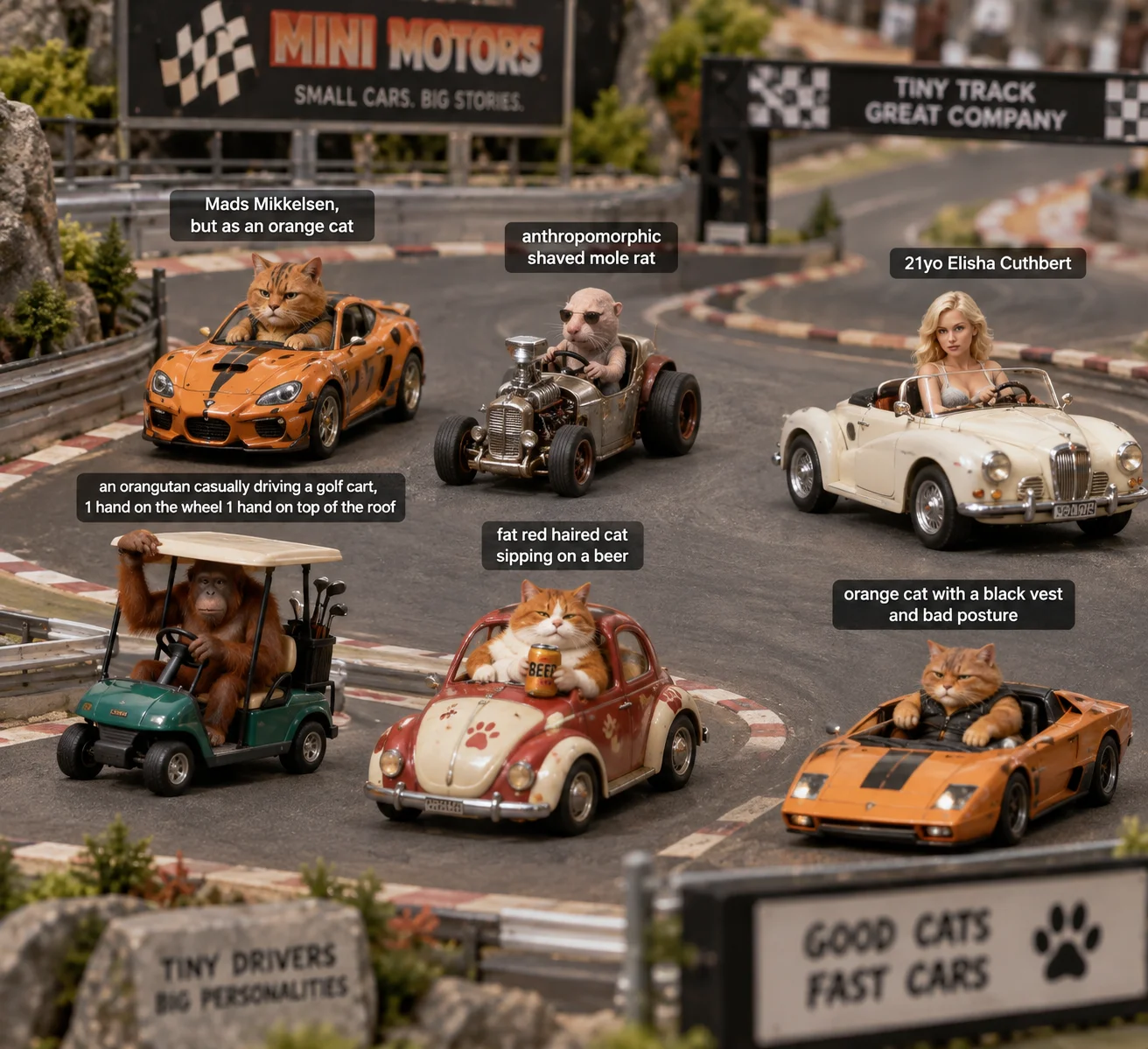Six character-inspired miniature cars race around a tabletop track, with tiny drivers and username labels above each vehicle.