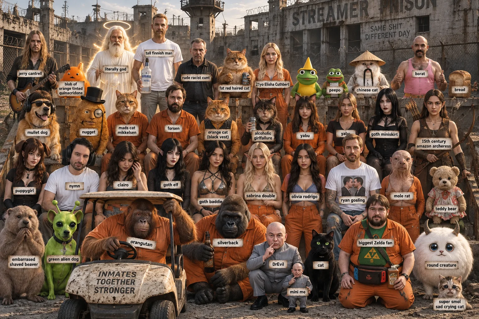 A large crowd of distinctive inmates gathers in a ruined post-apocalyptic prison courtyard, with an orangutan driving a golf cart among the group.