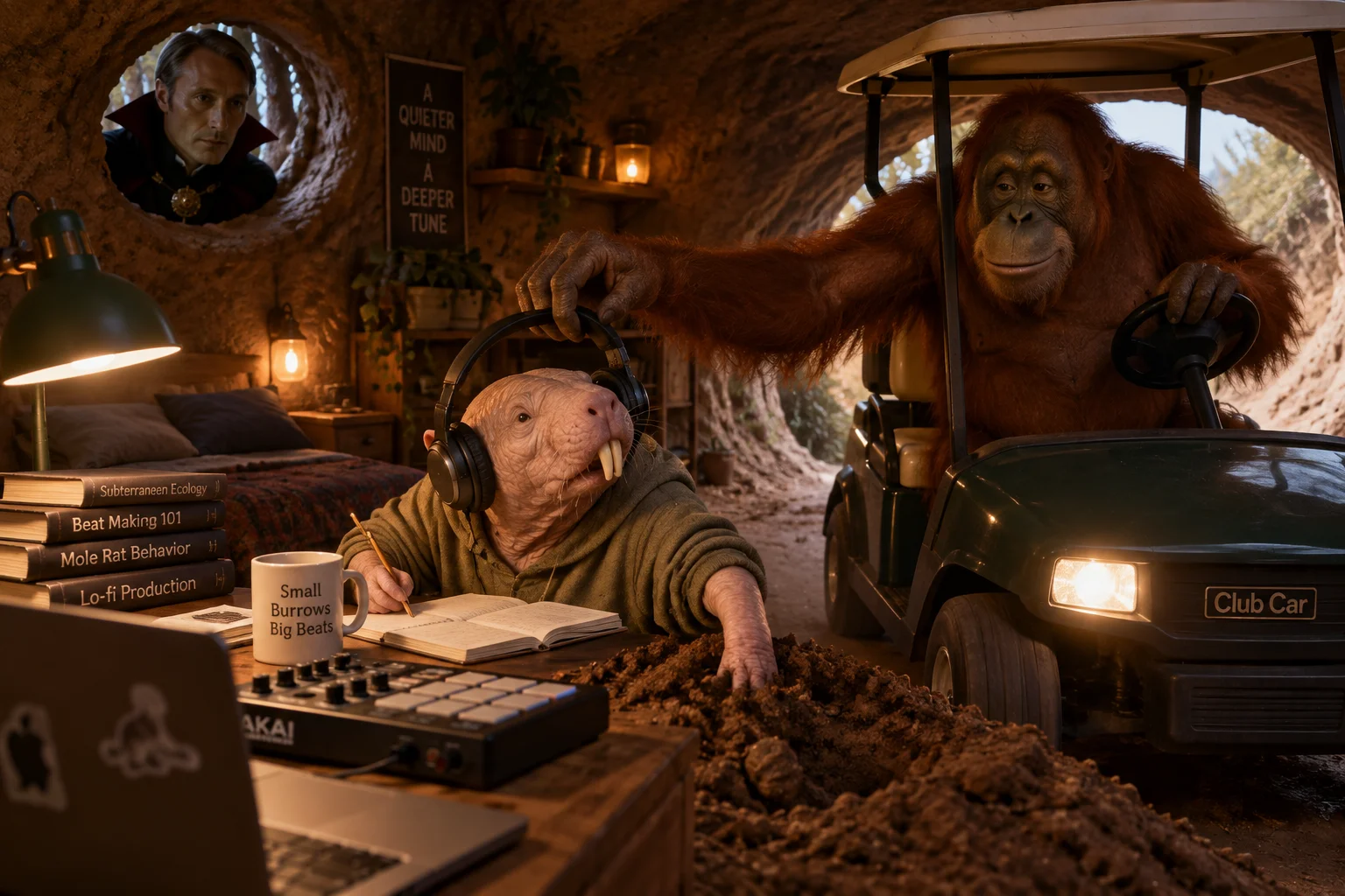 Kloydan studies and digs in a cozy underground music nook as chetwow reaches from a golf cart to steal the headphones, while terning peeks through a window.
