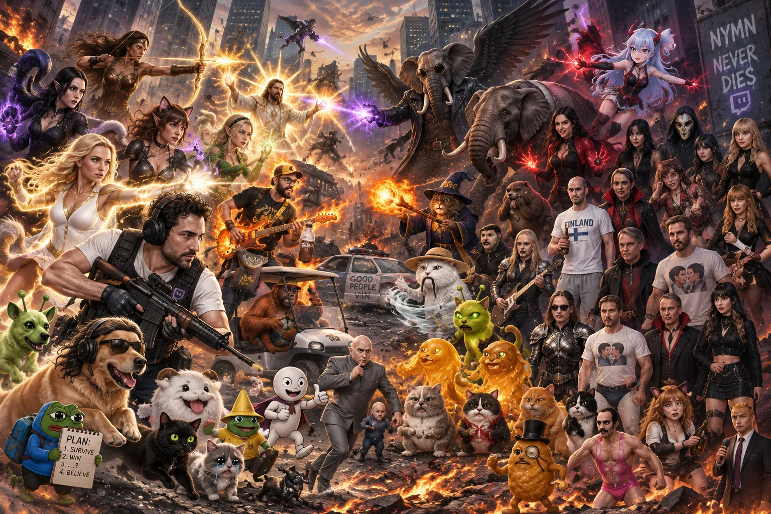 A huge ensemble of superpowered heroes and villains collide in a spectacular downtown superhero battle amid smoke, sparks, and glowing energy.