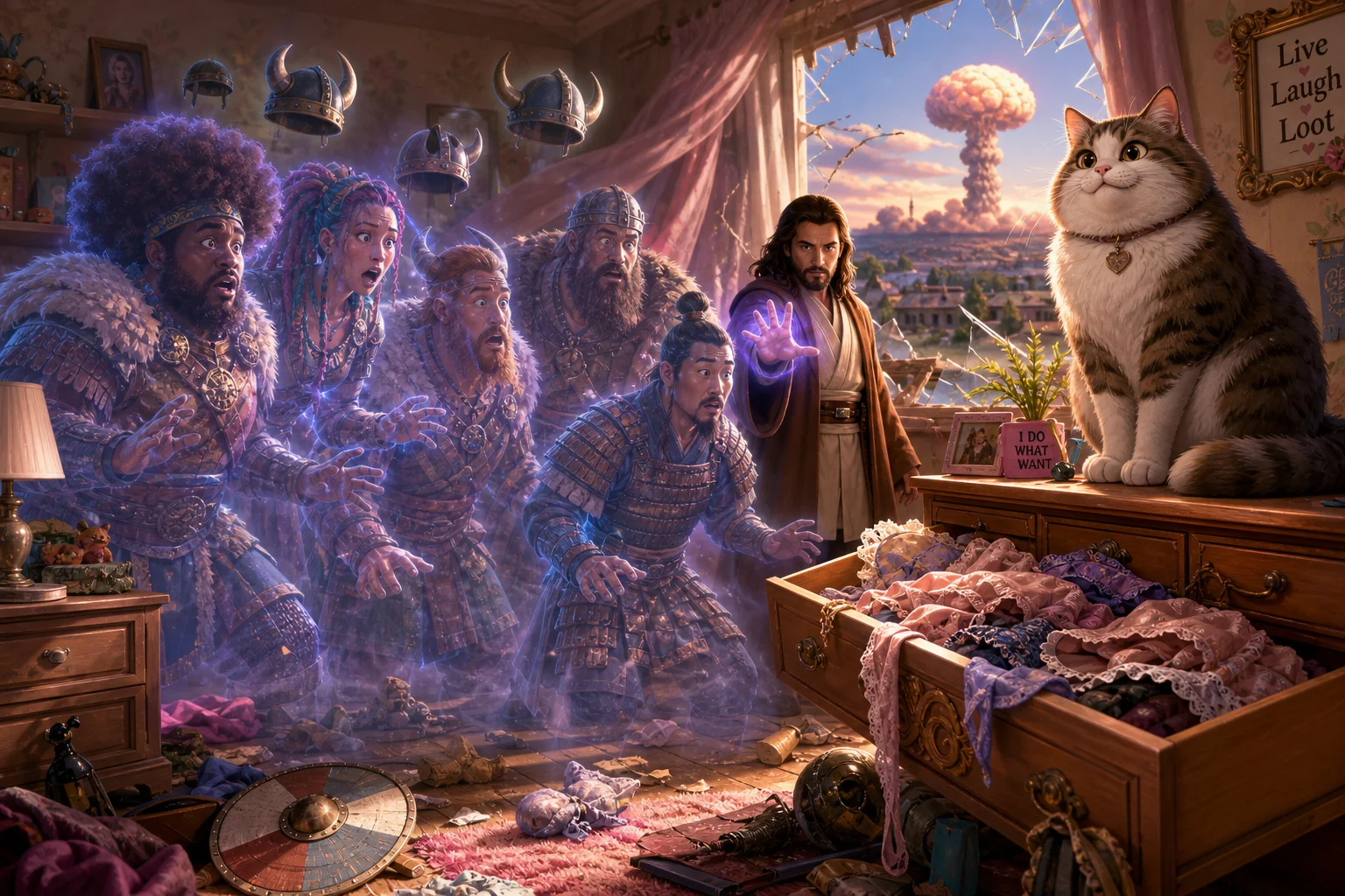 In a whimsical suburban bedroom, baffled Viking cosplayers inspect an open lingerie drawer as a giant cat sits on the dresser, while a glowing robed figure makes them appear ghostlike and an explosion rises beyond the shattered window.
