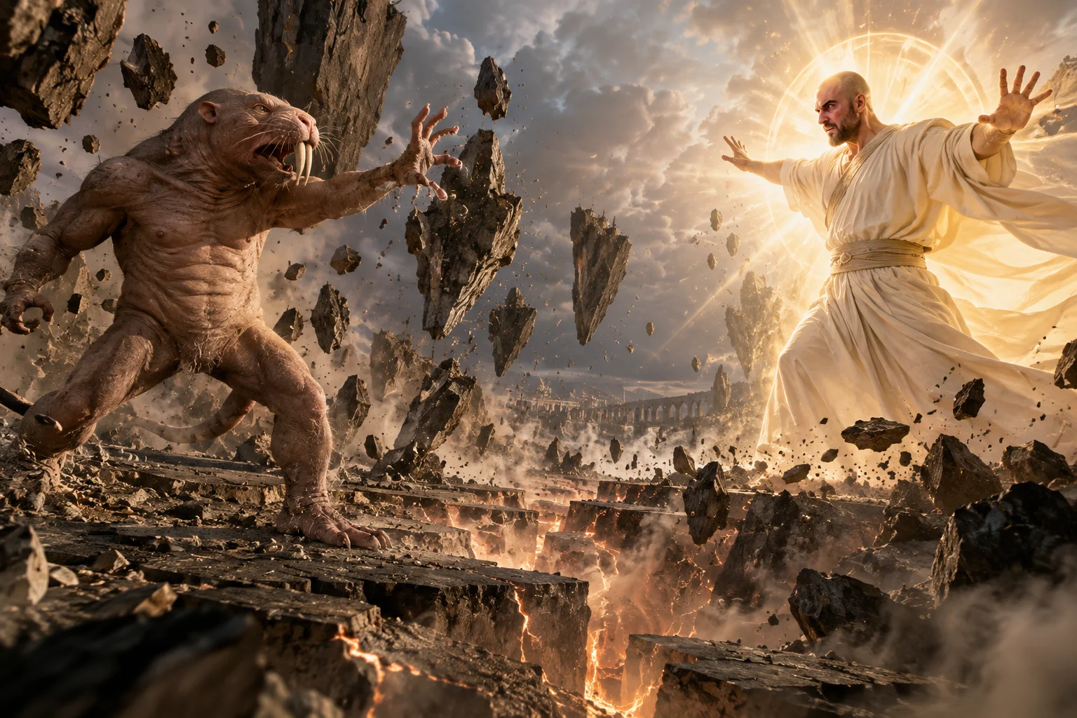 An earth-controlling shaved mole rat and a bald Jesus clash with epic powers as the ground splits and shakes around them.