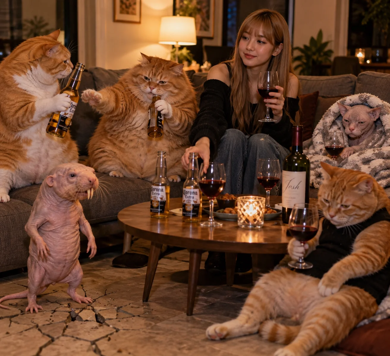 In a cozy living room, an orange cat steals beer from a red-haired cat as friends sip wine under warm lamplight.