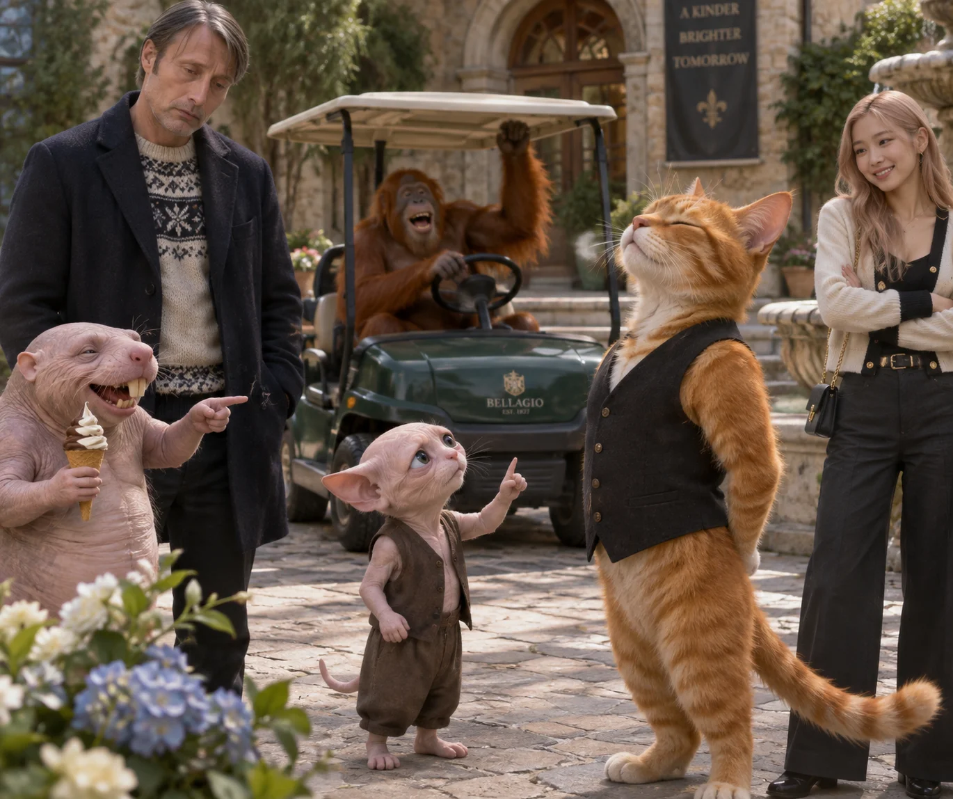 A tiny bald cat gestures for an orange cat in a black vest to straighten up as he sighs, while a small group gathers in a sunny courtyard.