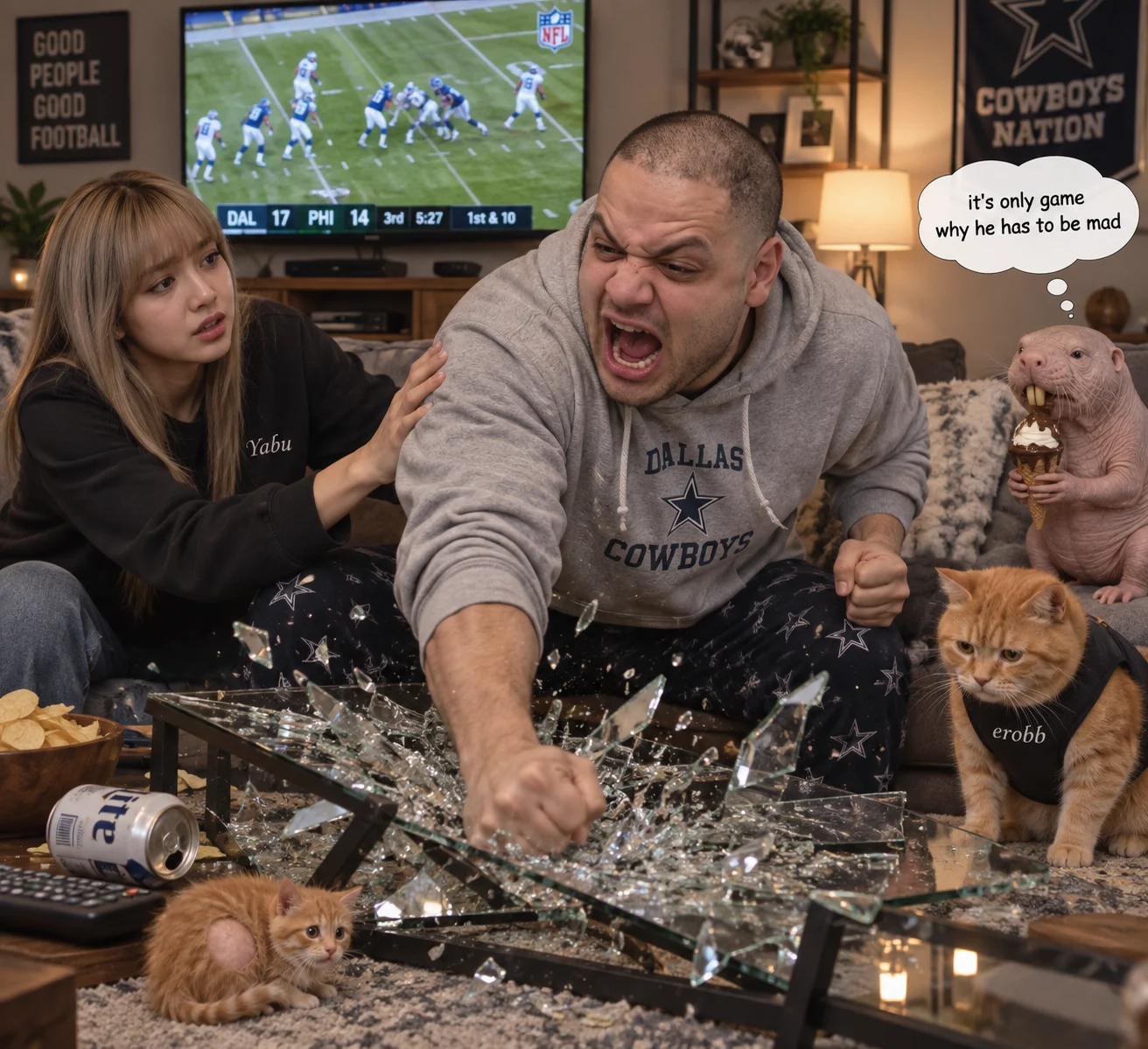 A furious Norwegian-looking man smashes a glass coffee table while watching American football, as a frightened cat and concerned companions look on in a living room.