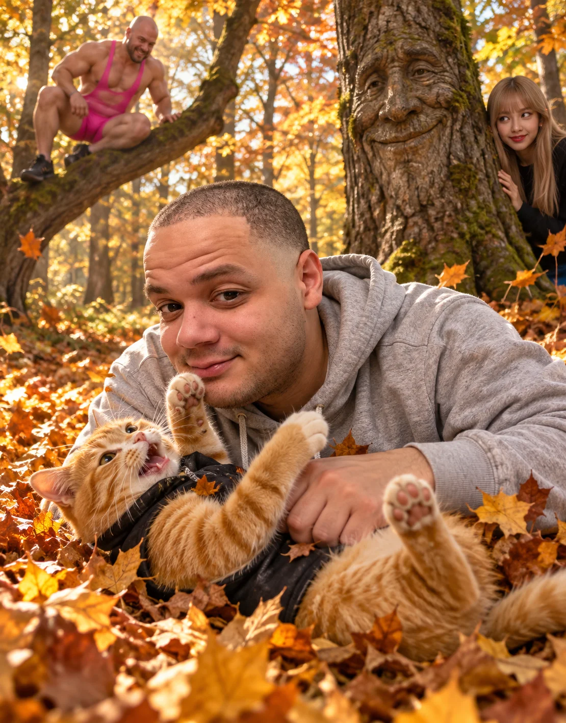 An orange cat and a woman who looks like erobb play in a golden autumn forest as a man balances in a tree and others peek through the foliage.