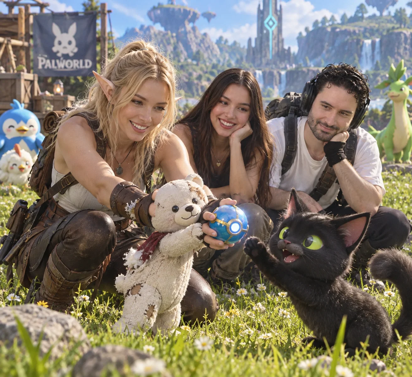 A blonde elf-eared trainer and a worn teddy bear happily try to catch a black cat, a young woman, and nymn in a sunny Palworld clearing.