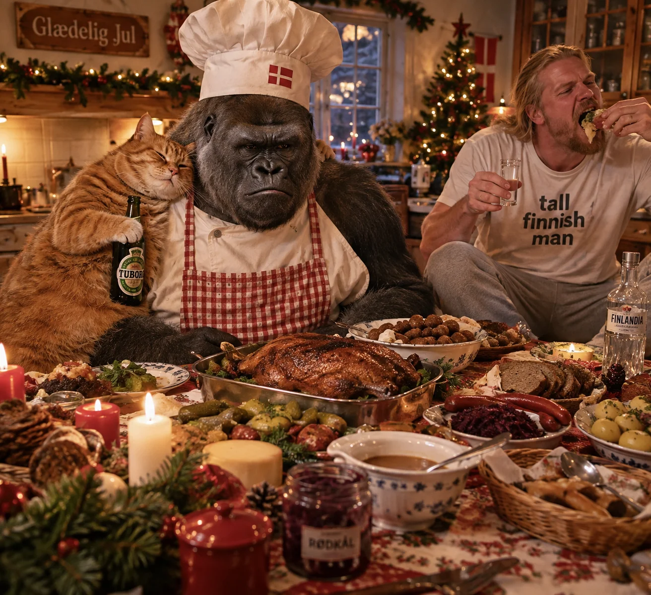 A grumpy silverback gorilla dressed as a Danish chef is hugged by a beer-sipping red-haired cat in a cozy Christmas kitchen as a man overindulges at the feast.