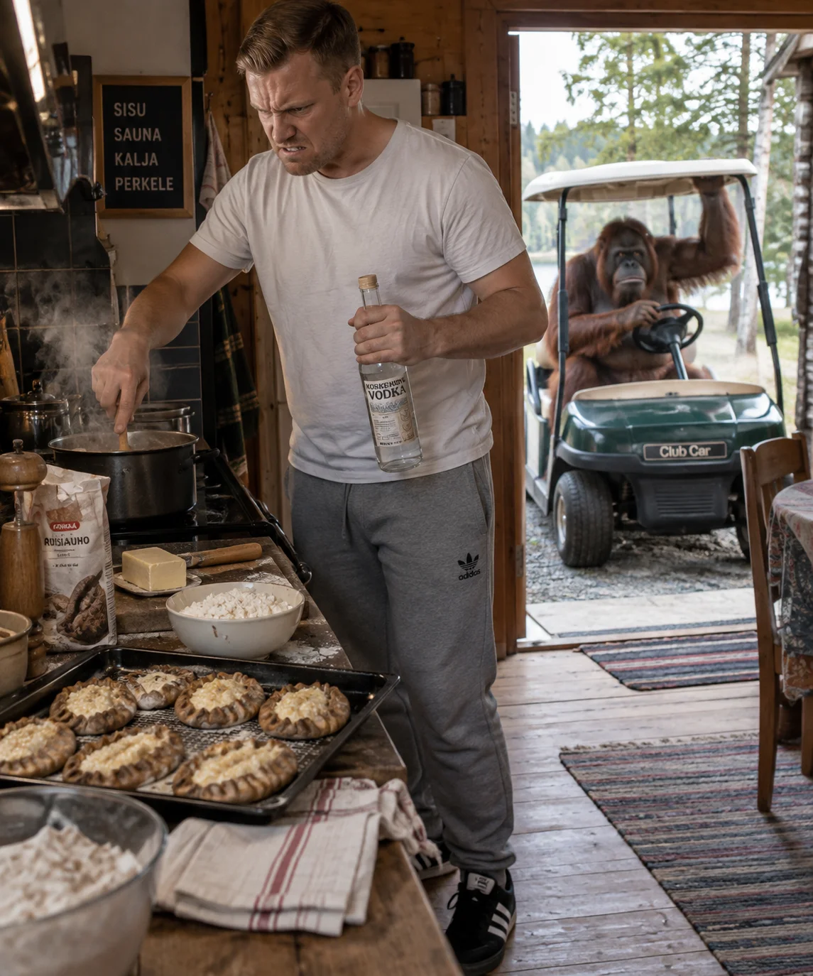 A stressed Finnish man cooks traditional food in a rustic kitchen as a disgusted orangutan watches from a golf cart at the doorway.