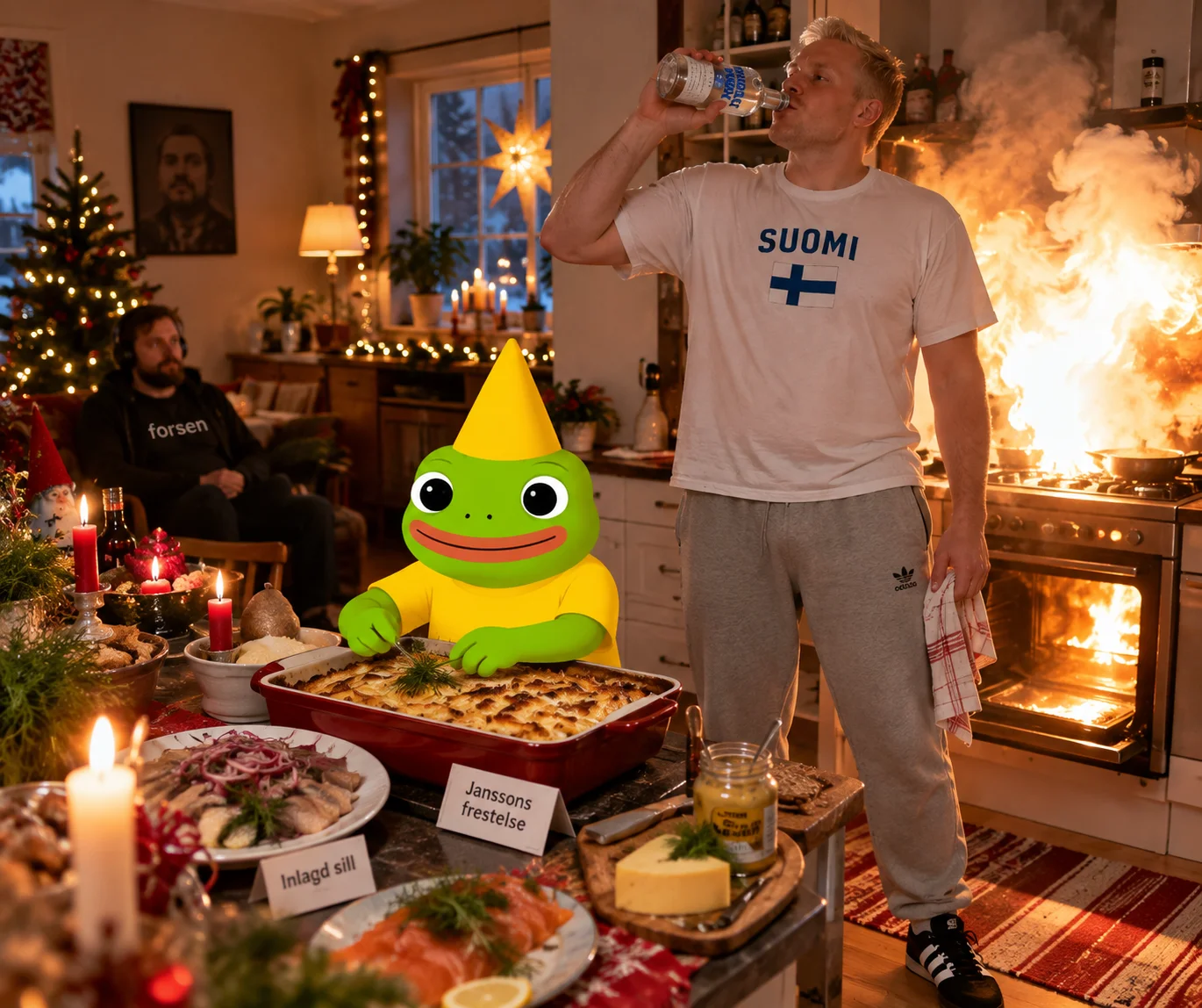 SchroedingersParrot prepares Janssons frestelse and pickled herring as Ramlu helps in a Swedish kitchen, while Forsen sits in the corner and the oven flares dramatically.