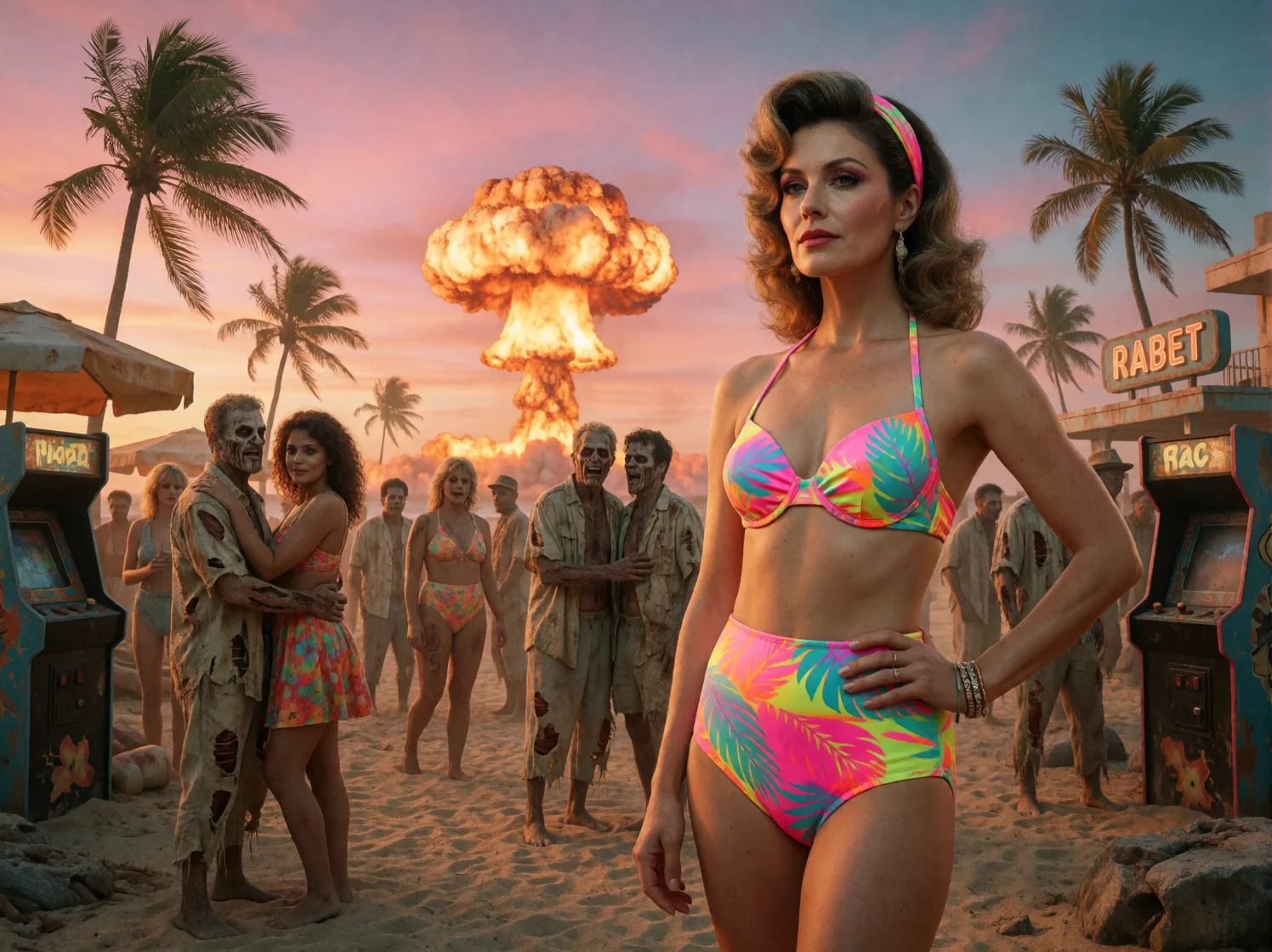 An adult woman in retro neon beachwear stands confidently at a sunset beach party as sweating zombies, abandoned arcade machines, bent palms, and a distant nuclear mushroom cloud create a vivid 1980s post-apocalyptic scene.