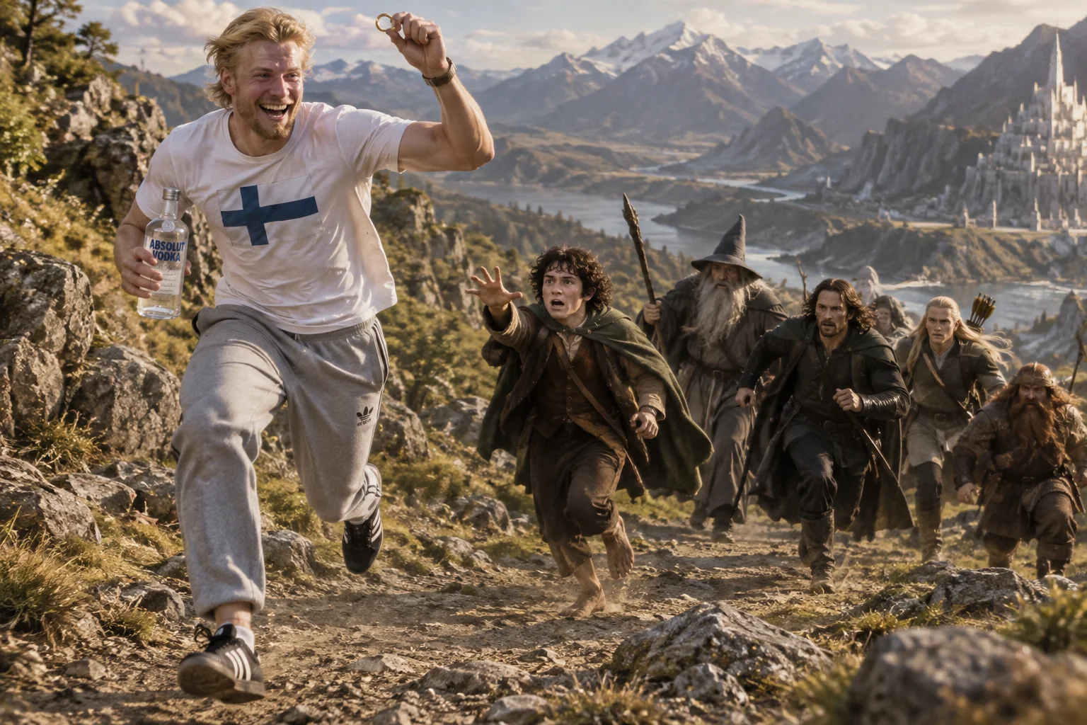 A tall man steals the One Ring and races down a Middle-earth trail as Frodo and the Fellowship chase him.