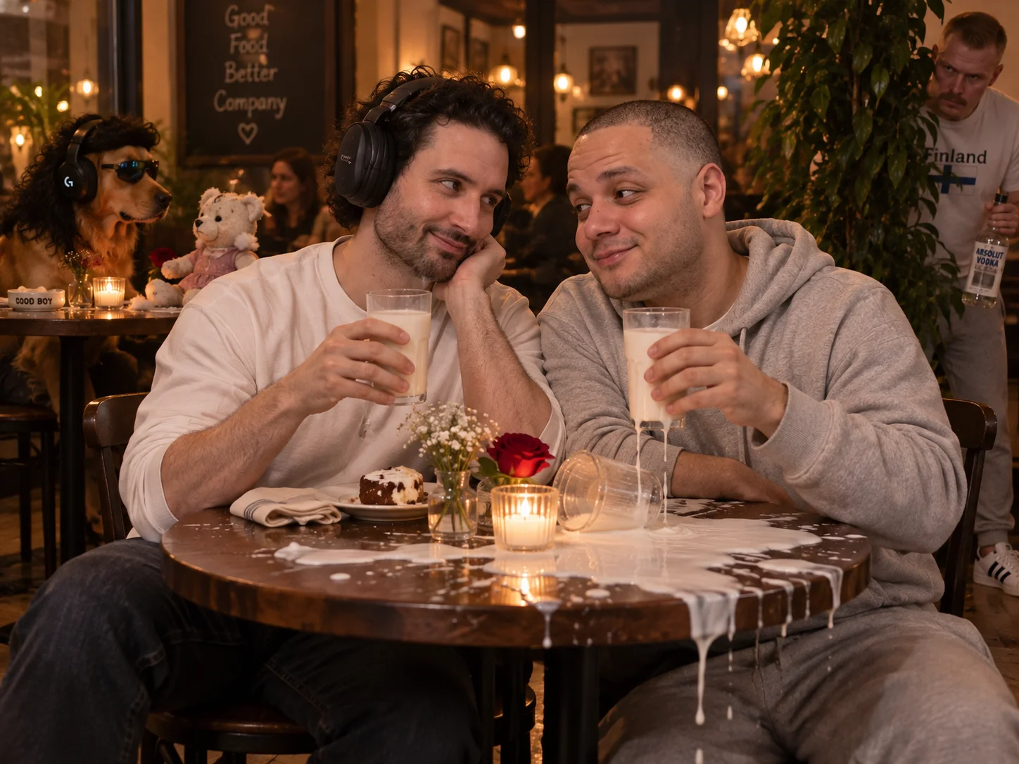 nymn and erobb share milk on a romantic café date as it spills everywhere, while a dog dates a teddy bear and a man hides in the background.