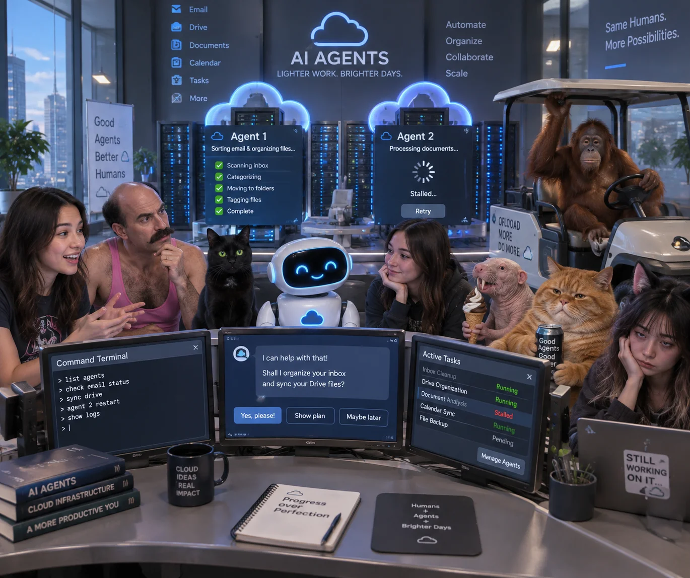 A diverse group discusses cloud-based AI agents and operates a chatbot console in a server-filled operations room.