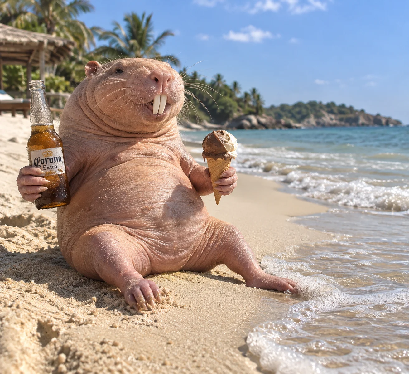 An anthropomorphic naked mole rat lounges on a sunny beach, one toe in the water, holding a cold beer and an ice cream cone.