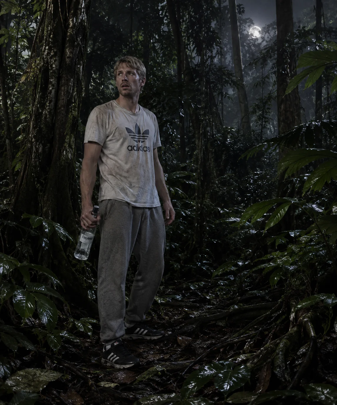 A lost man holding a bottle of vodka stands among dense Amazon rainforest foliage under the darkness of night.