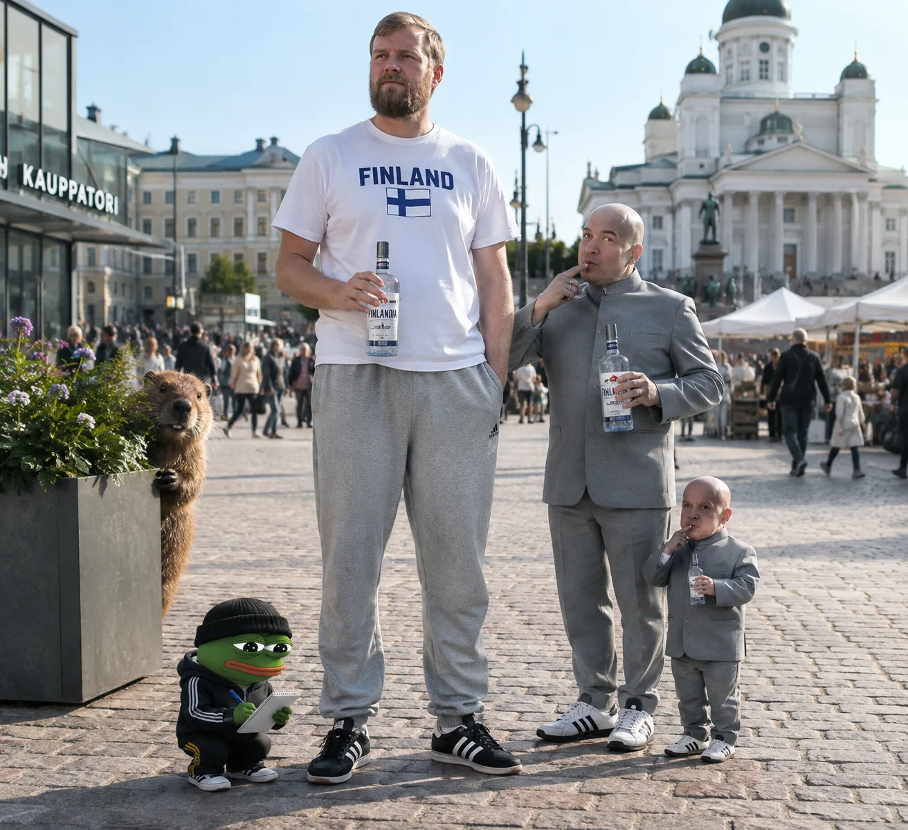 Ramlu holds a bottle of vodka in a sunny plaza while a bald lookalike, an embarrassed beaver, and a tiny note-taking peepo gather around him.