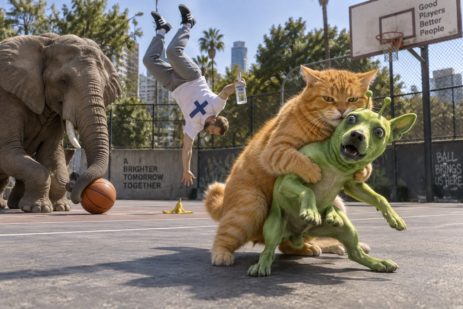 An orange cat grabs a bald green alien dog on a sunny basketball court as an elephant inspects a ball and a man flips toward a banana peel.