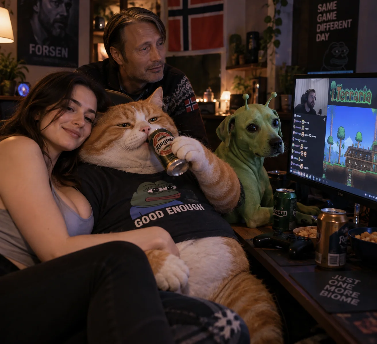 A green alien dog and a beer-sipping red-haired cat watch Forsen play Terraria as a woman hugs the cat and another viewer joins them in a cozy gaming room.