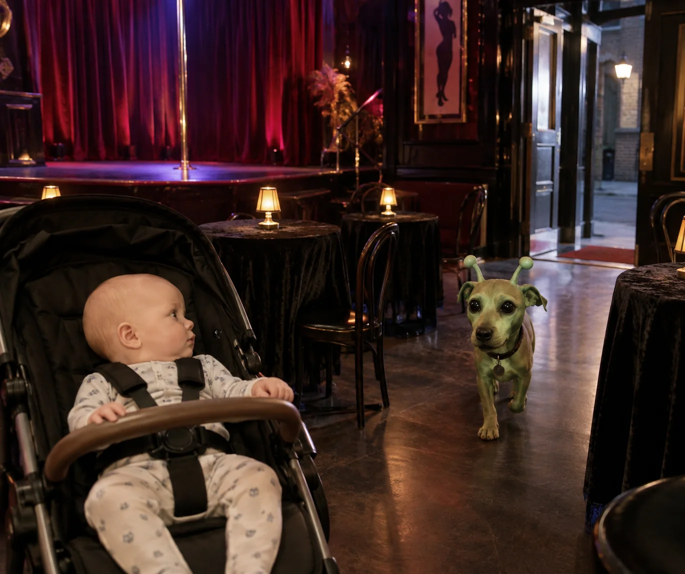 A bald baby in a stroller sits inside a quiet cabaret club as a green alien dog walks through the doorway.