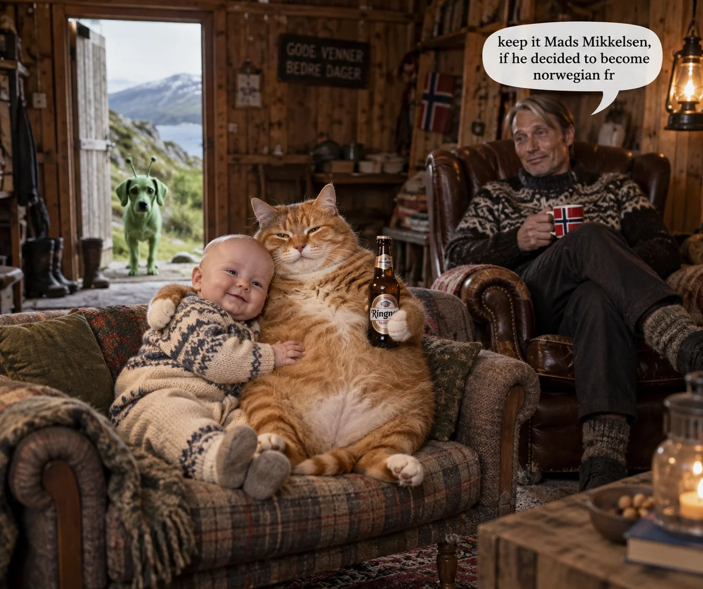 A bald baby and a red-haired cat share a friendly hug in a shed while Terning watches from an armchair and Criizp waits outside.