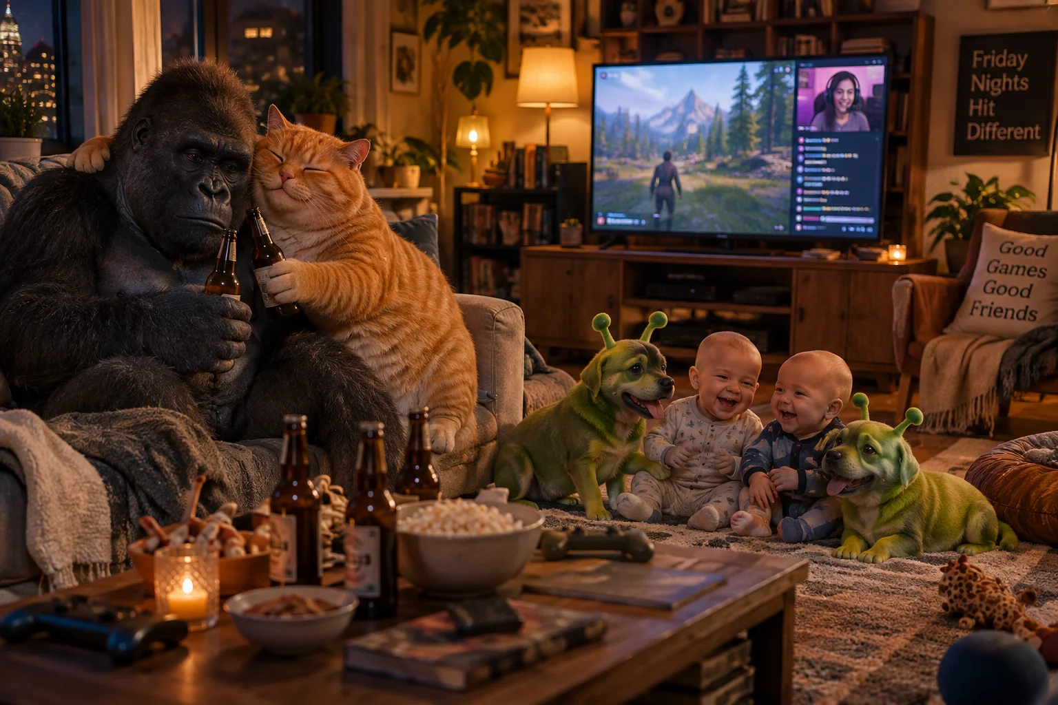 Patixxll and Criizp enjoy a cozy Friday evening while Roppie hugs a sad gorilla beside a large TV.
