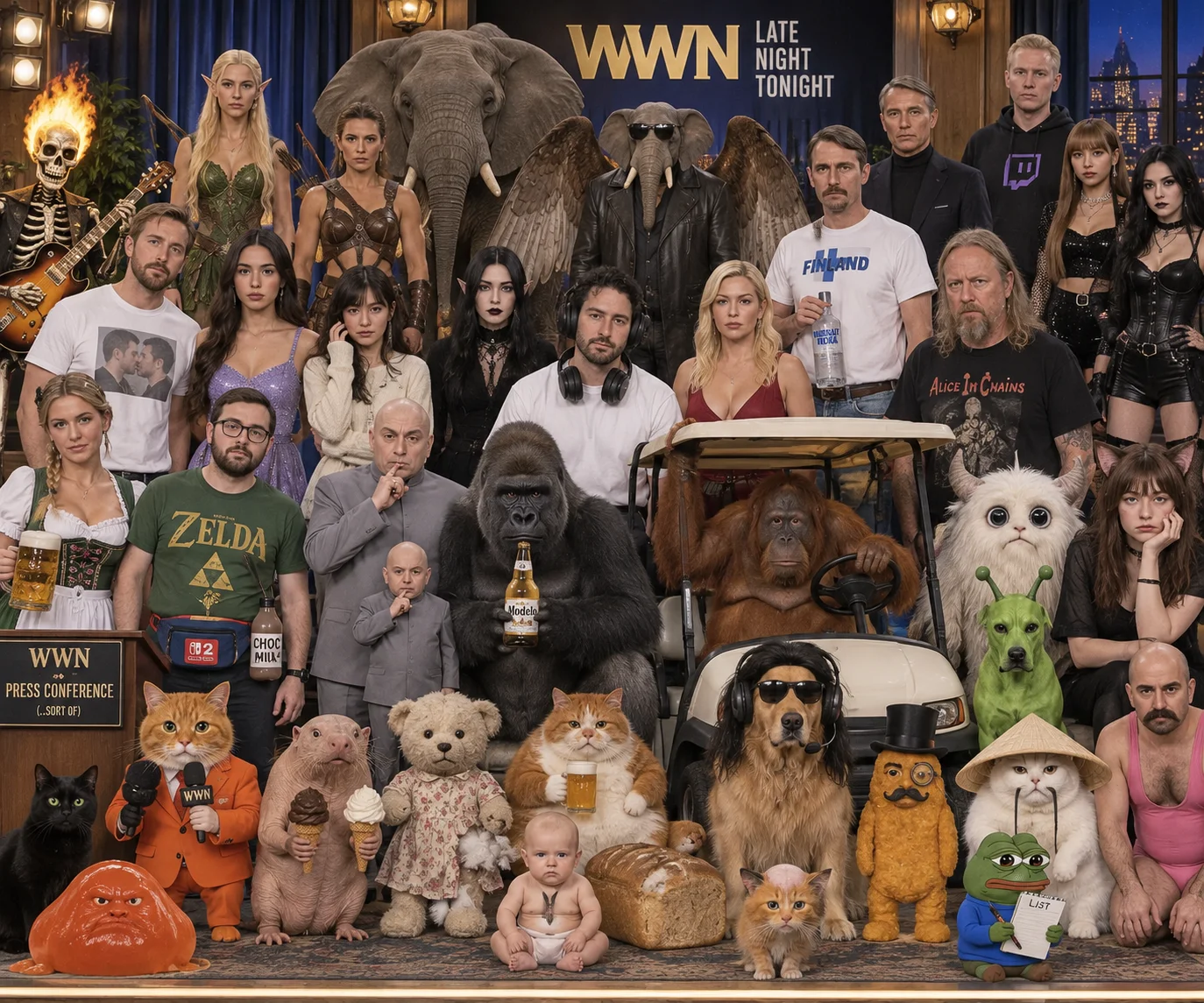 A crowded late-night comedy sketch cast of people and fantastical characters stares deadpan toward the camera on a brightly lit studio stage.