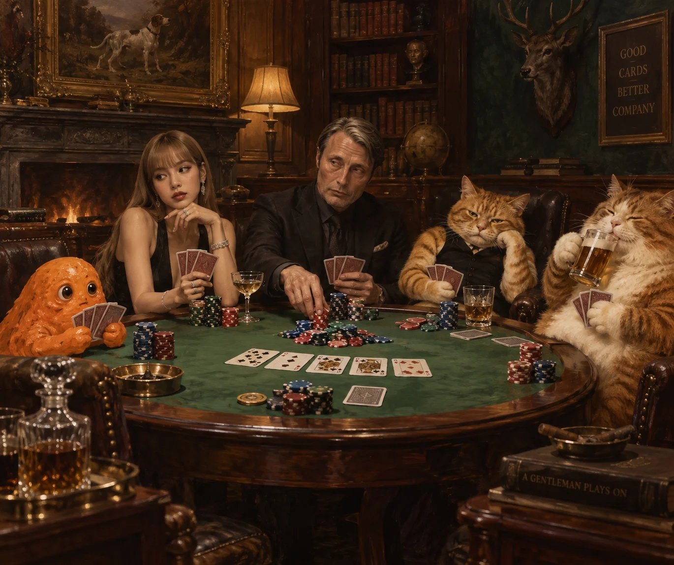 Five distinct figures, including two cats, a woman, a man, and an orange pigment blob, play poker around a green-felt table in a warm wood-paneled room.