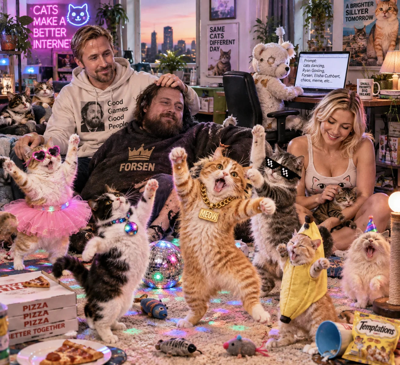 Cats dance in a garishly colorful living room as Ryan Gosling pets Forsen and a woman strokes a kitten.
