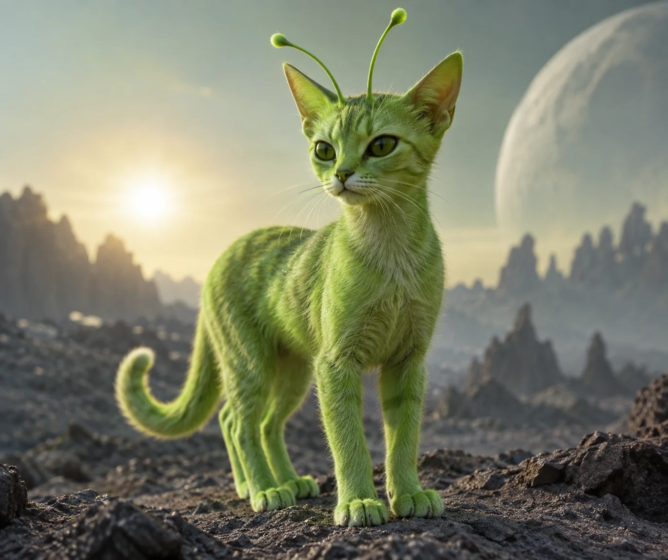 A lime-green, catlike alien with antennae stands in a softly lit otherworldly setting.