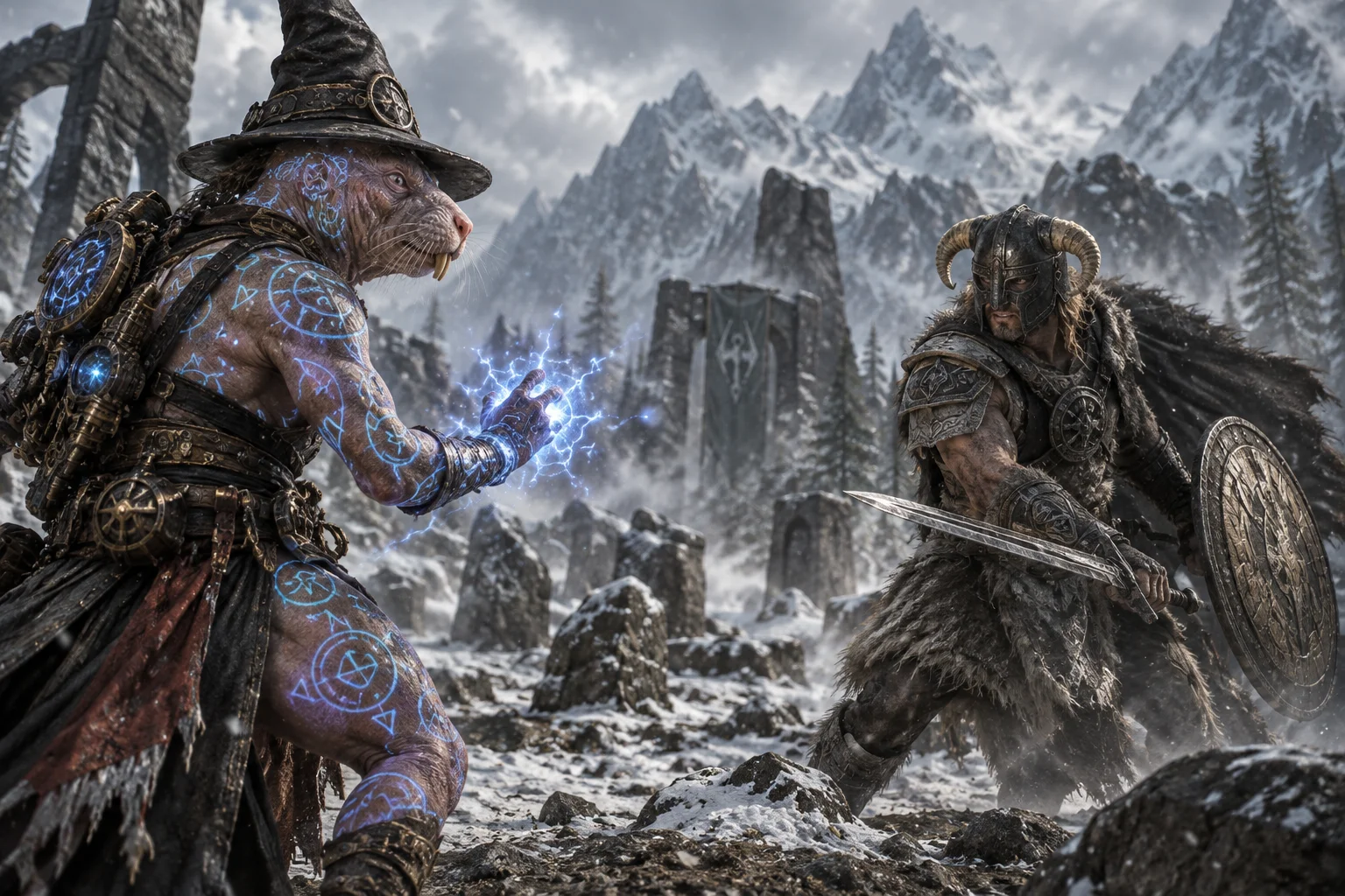 Kloydan, a tattooed mole-rat magitek mage, faces the armored Dragonborn in a snowy Nordic mountain pass.