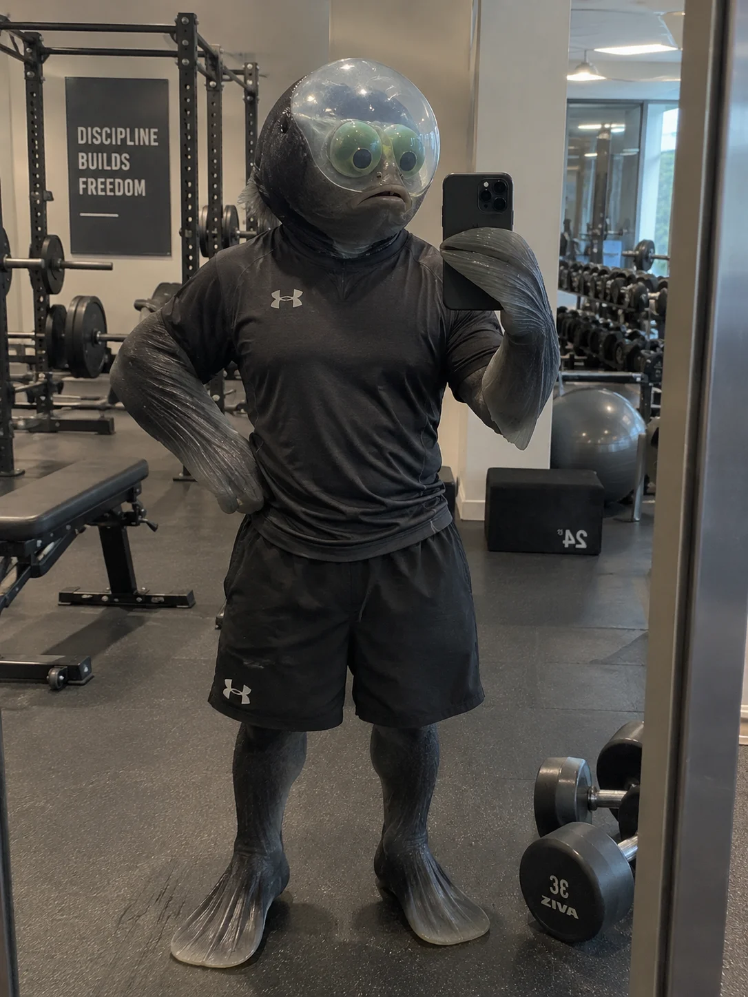 An anthropomorphic Pacific barreleye fish takes a mirror selfie in a modern gym.