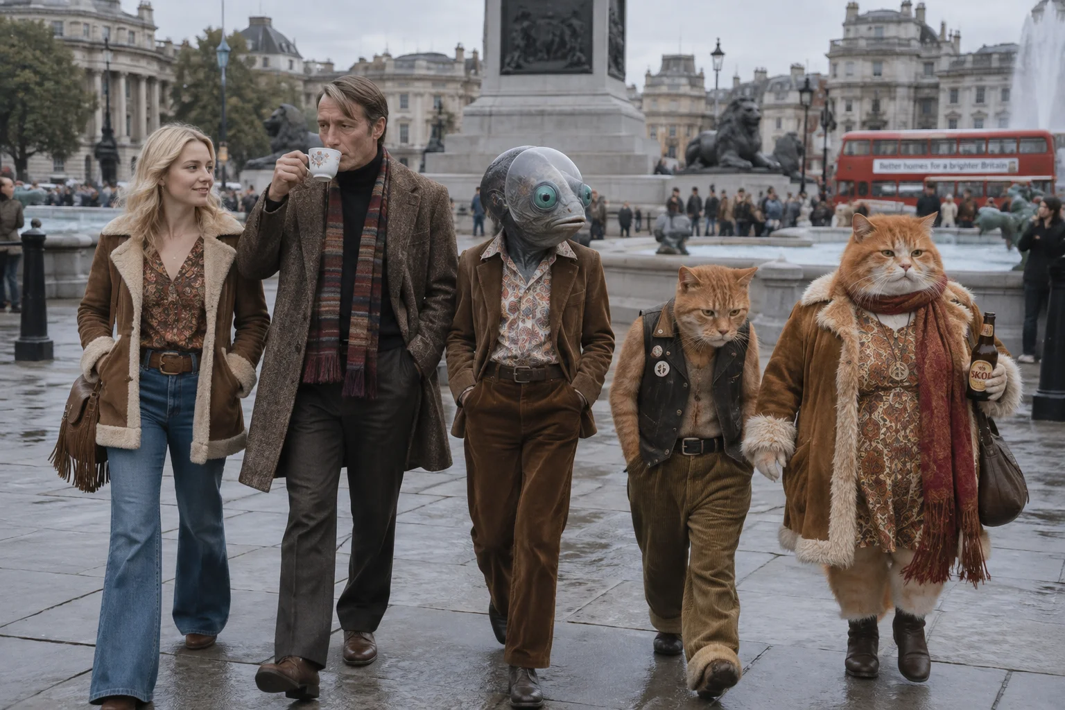 A group including a tea-sipping man, a woman, an upright fish, and two cats walks through 1970s Trafalgar Square.