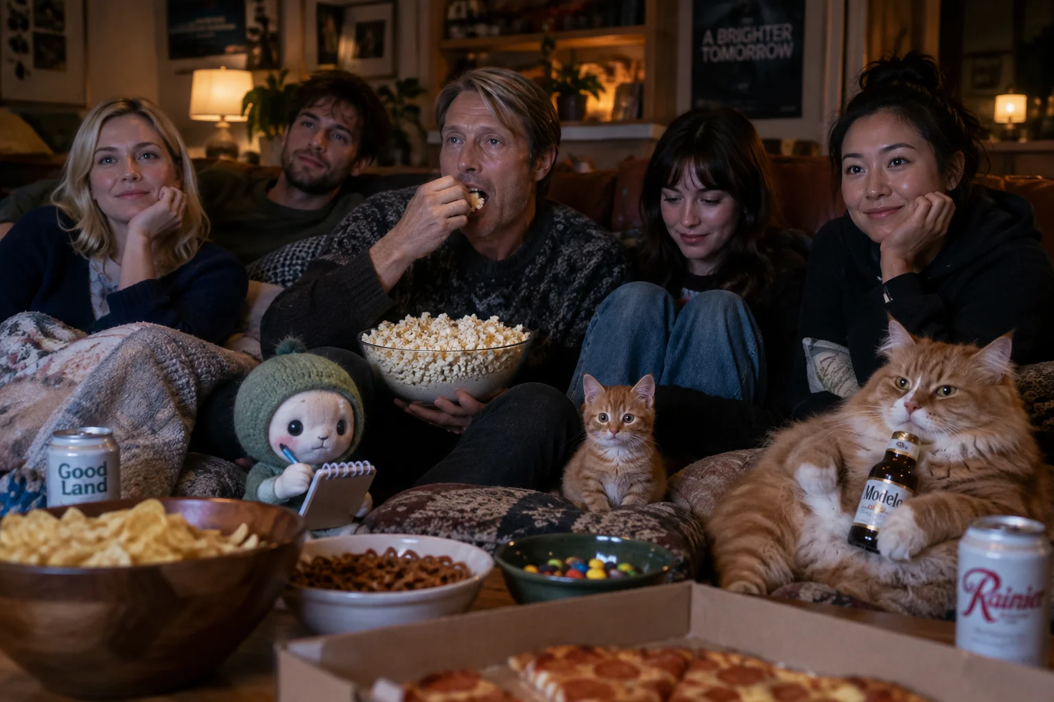 Six friends, including a tiny orange cat, watch a movie together in a cozy living room as one friend eats popcorn and snacks fill the foreground.
