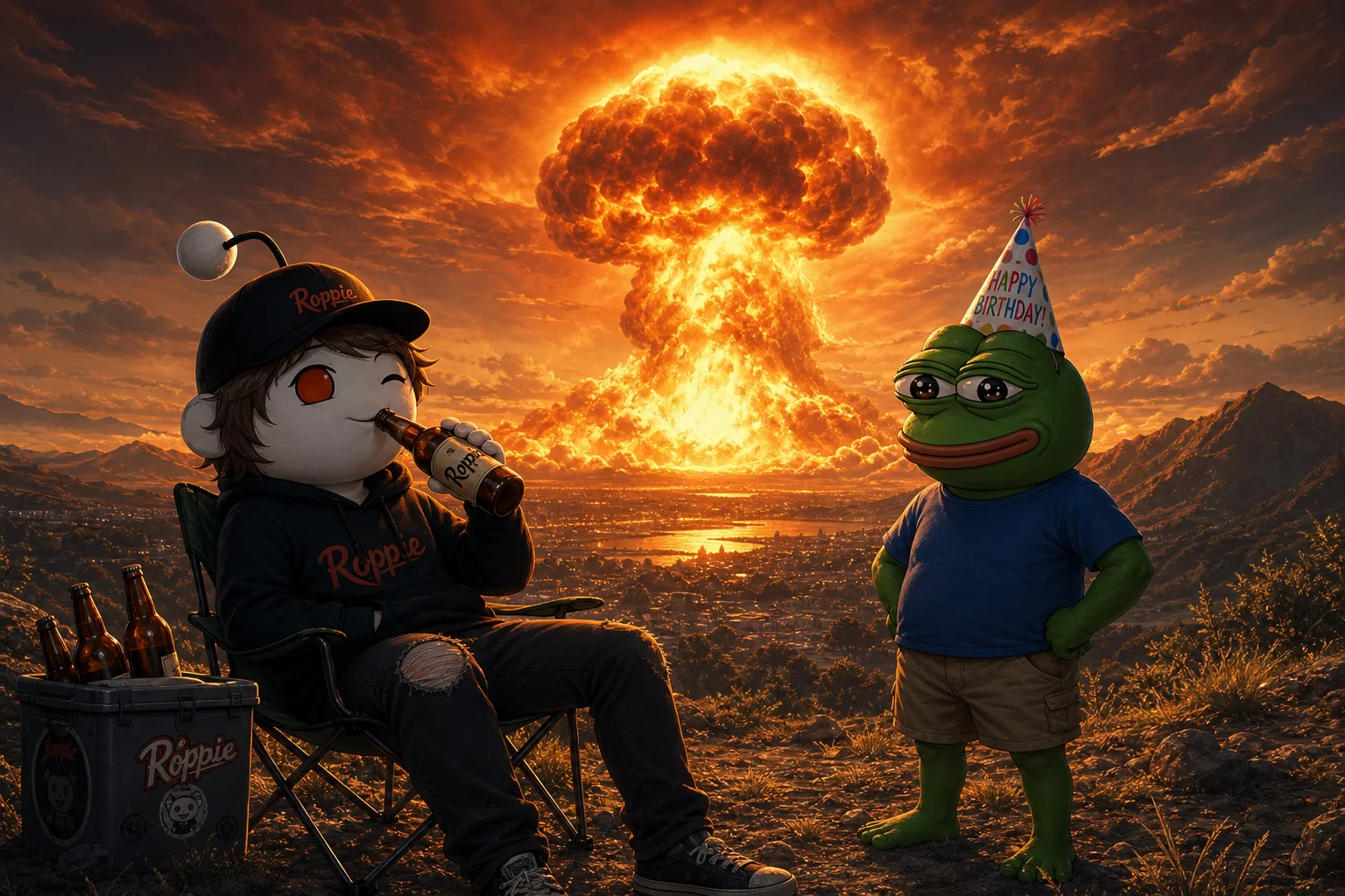 A person drinks a beer in the foreground while a nearby figure in a festive birthday hat stands before a massive nuclear mushroom cloud glowing across the distant landscape.