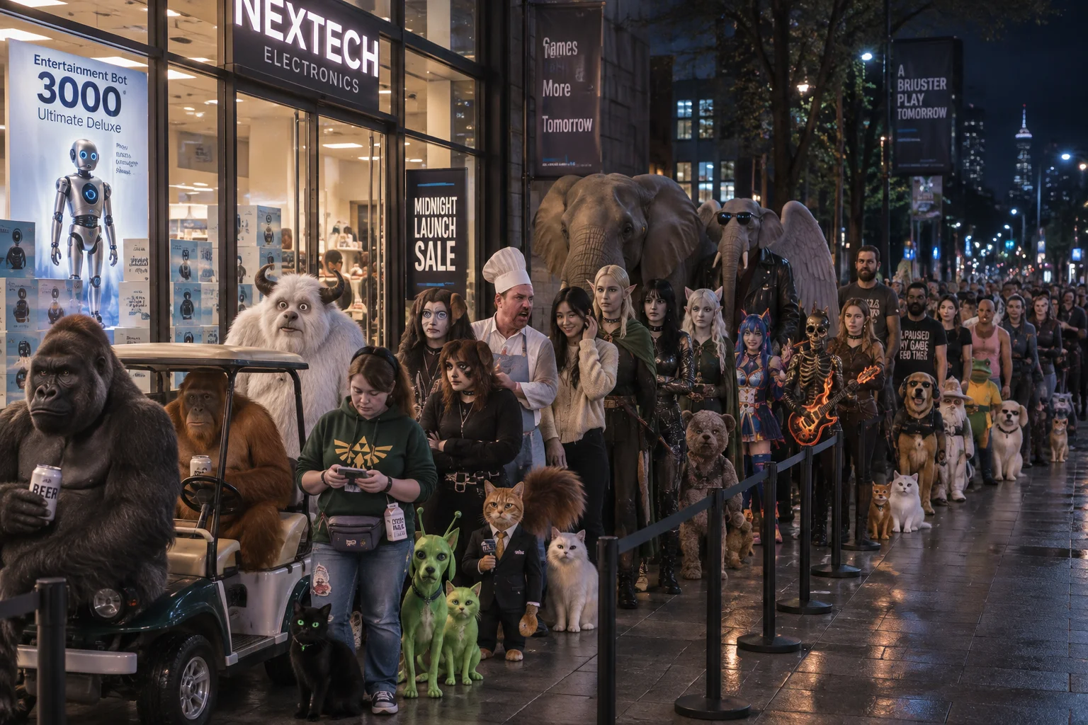A crowd of distinctive shoppers queues outside a brightly lit electronics store at midnight to buy the newest entertainment robot.