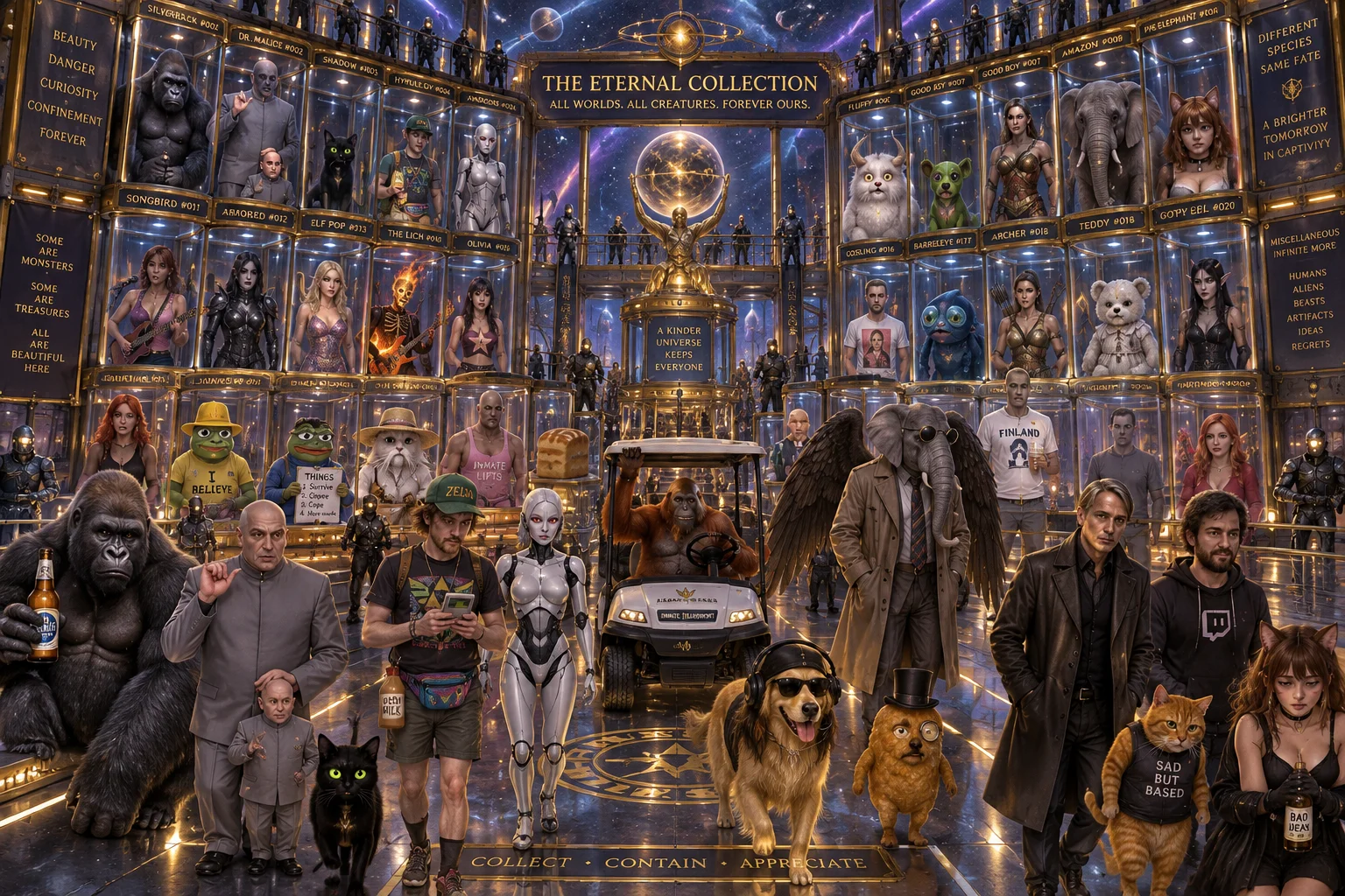 A colorful crowd of eccentric alien and human inmates fills a vast, ornate intergalactic prison beneath a starry dome.