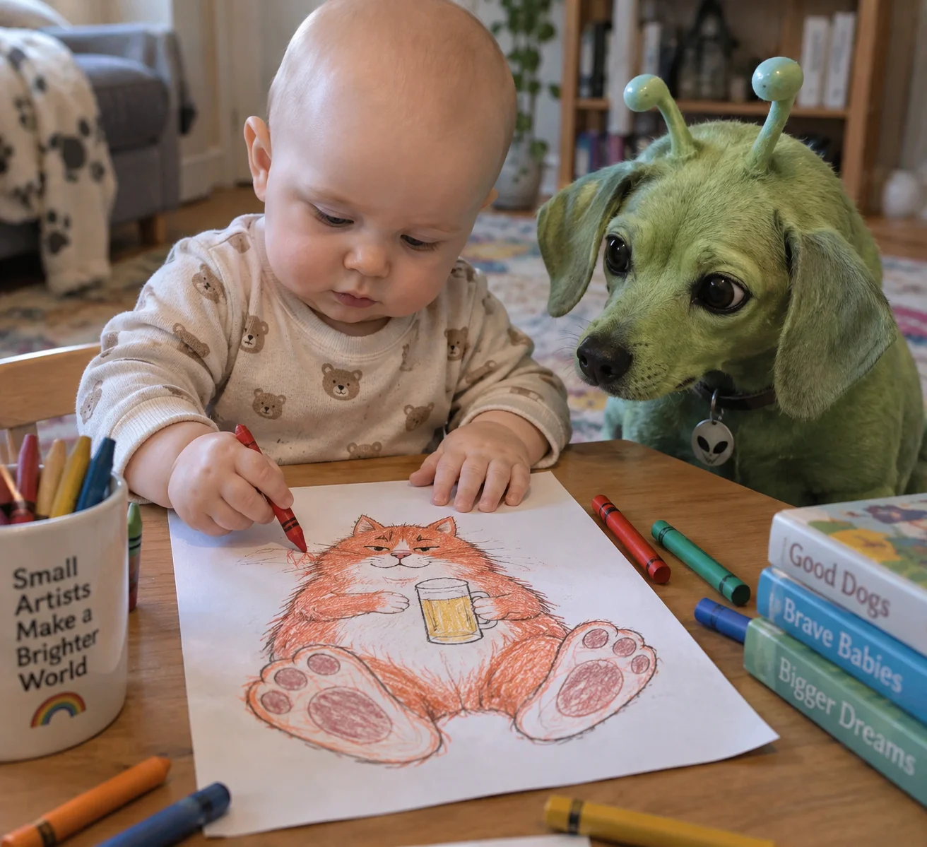 A bald baby draws a red-haired cat with oversized feet while a green alien dog watches nearby.