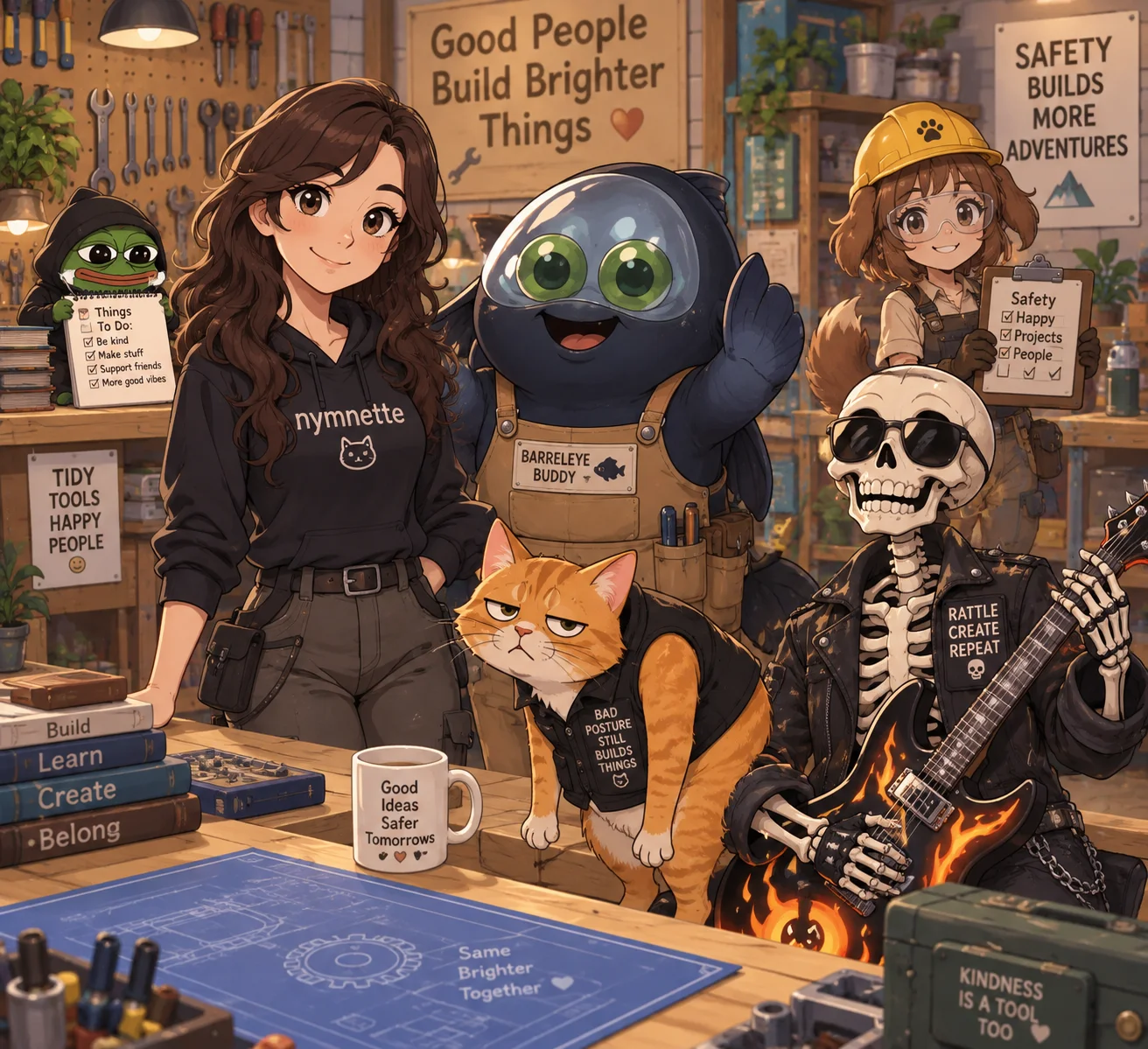 A friendly fish greets a group in a tidy workshop as a smiling skeleton holds a flame-patterned guitar and two figures lurk safely in the background.