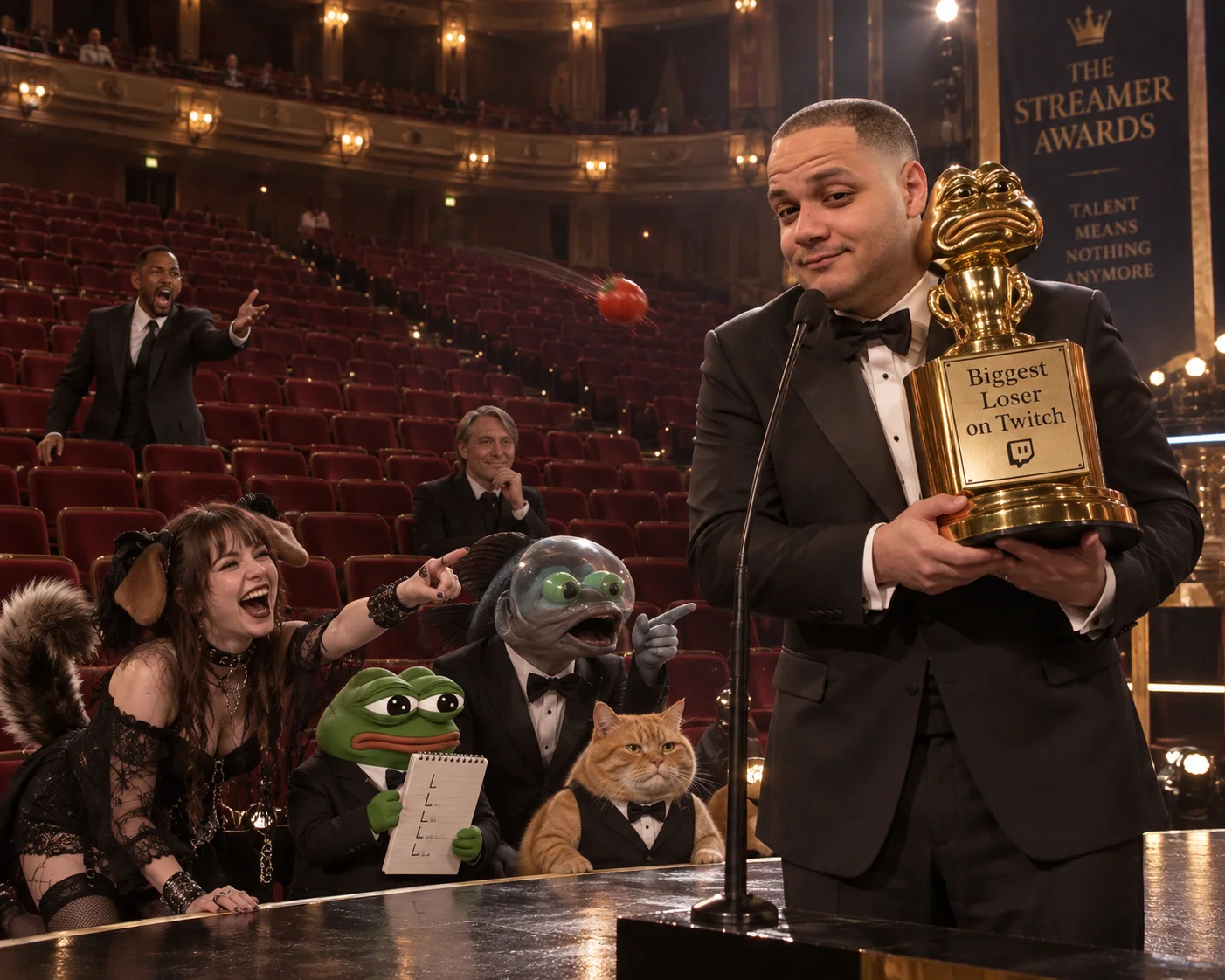 erobb accepts a comically oversized award on a theater stage as a few hecklers react, a tomato flies, and empty seats fill the ceremony hall.