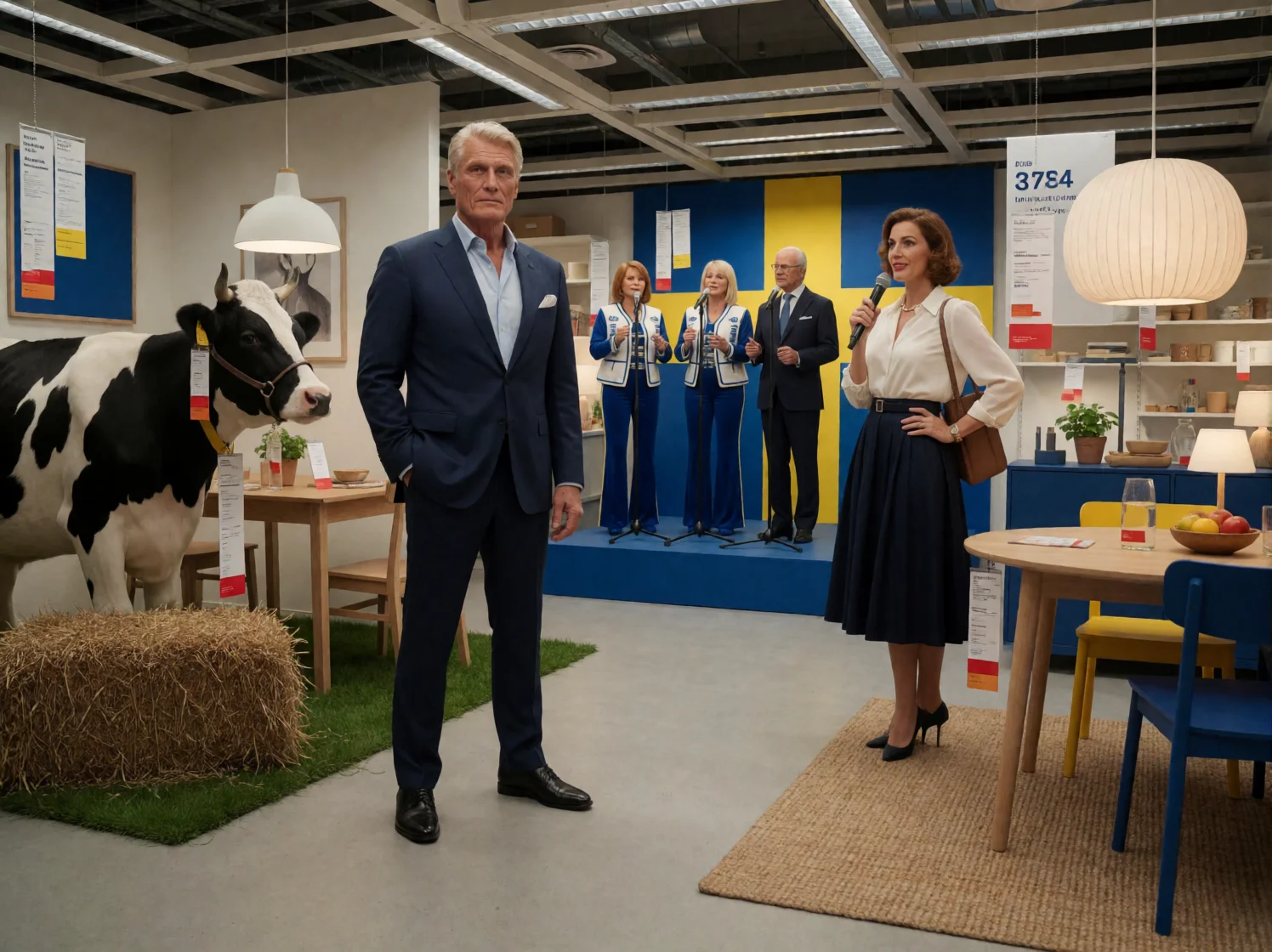 A humorous surreal scene in a brightly lit IKEA showroom features a muscular man among Scandinavian furniture, a cow-milking setup, and ABBA performing with Sweden’s king as a stylish woman watches.