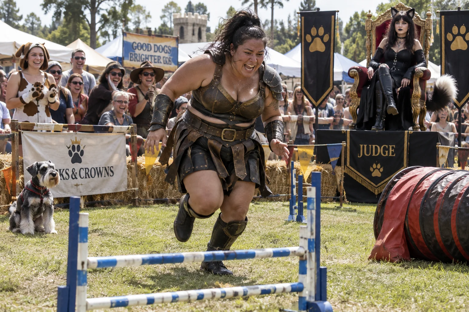 A sweaty Amazon warrior runs an outdoor dog-show obstacle course while a schnauzer watches, a goth judge presides from a throne, and a dog-costumed spectator laughs.