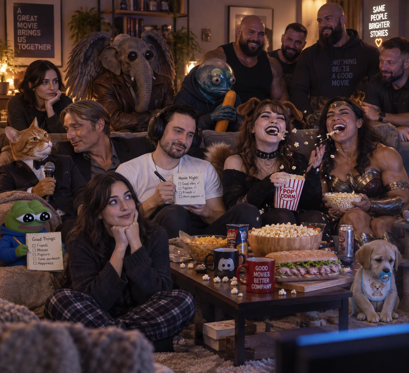 A fantastical group of moviegoers shares a lively, popcorn-filled movie night in a cozy living room.